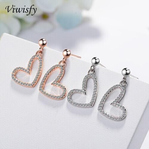 Viwisfy Rose Gold Crystal Heart Stud Jewelry Real 925 Sterling Silver Earring For Women VW21082