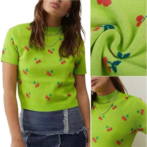 Women Summer Knit Ribbed Print Pattern Crew Neck Short Sleeve Crop Top Cute Streetwear T-Shirt