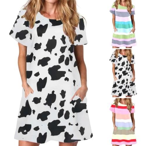 WomenS Summer Dress New Short-Sleeved O-Neck Simple Casual All-Match Printed Pocket Large Size Loose Dress летнее женское 50