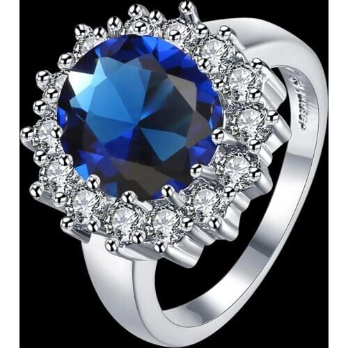 Created Blue Sapphire Ring Princess Crown Halo Engagement Wedding Rings 925 Sterling Silver Rings For Women 2019