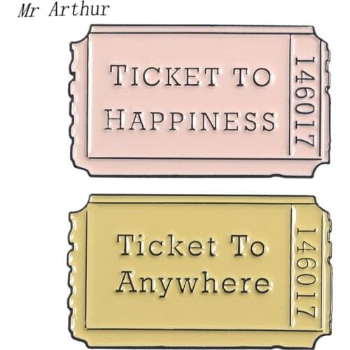 2 styles Tickets Enamel Pin To Happiness To Anywhere Brooch Backpack Clothes Lapel Pink Yellow Jewelry Gift for Friends