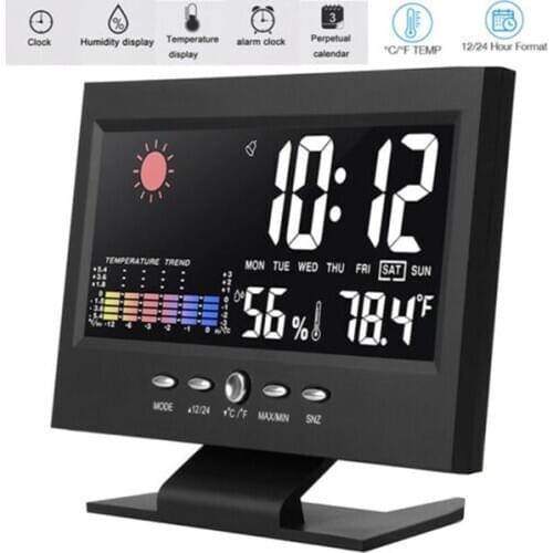 LED Color Weather Forecast Clock Temperature and Humidity Perpetual Calendar Backlit Alarm Clock No Battery