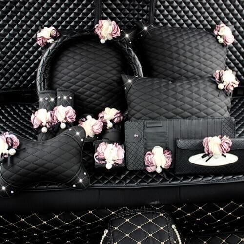 Car Steering Wheel Cover Flower Tissue Box Sunvisor CD Storage Bag Headrest Waist Pillow Gear Shift Collar for Women Car Styling