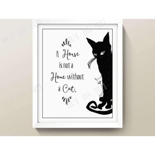 Black and White Cat Quote • Mid-Century Illustration • ”A House is Not a Home Without a Cat