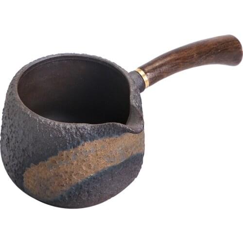 Ebony wood side with handmade retro coarse pottery fair cup tea sea gilt iron glaze dispenser male cup even cup teapot set