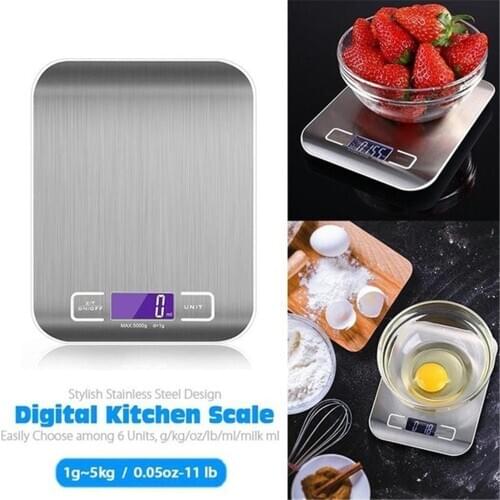 Digital Multi-function Household Food Kitchen Scale 11lb 5kg 22lb 10kg Slim Stainless Steel Platform with LCD Display (Silver)
