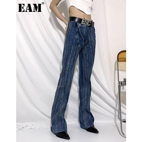 [EAM] High Waist Blue Denim Long Casual Wide Leg Jeans New Loose Women Trousers Fashion Tide Spring Autumn 2021 1DE0907