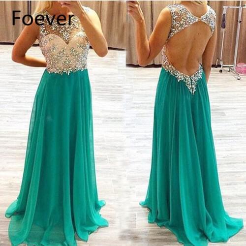 Elegant Beads Crystal A Line Prom Dresses 2019 Sexy Green Chiffon Robe de Soiree Open Back Formal Prom Gown Abendkleider