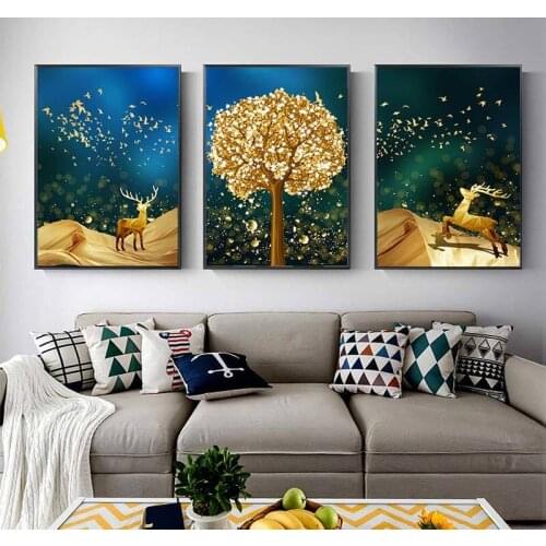 Golen Tree and Sika Deer Abstract Ink Dots Canvas Painting Posters And Modern Home Decor Wall Art Pictures For Living Room Aisle