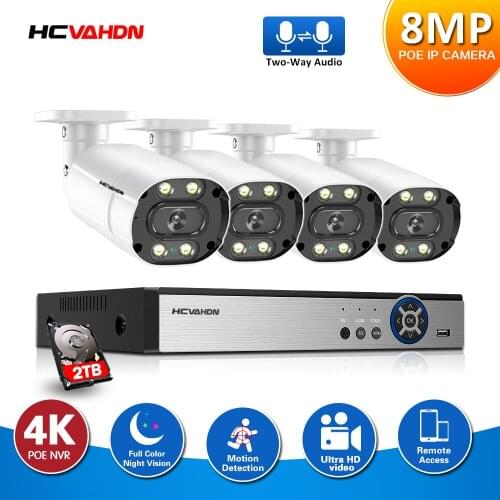 Two Way Audio Color Night Vision POE Monitoring Security Cameras Set 8MP Outdoor CCTV Video Surveillance System 4ch 4K NVR Kit