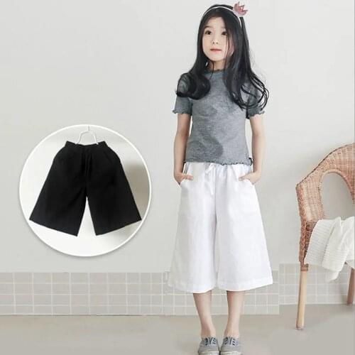Summer Girls Comfort Cotton Linen Wide Leg Calf Length Pants 4-14 Years Teenage Kids Loose Elestic Waist White Toursers 8 10 12