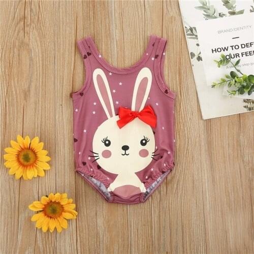 Girls Summer Swimsuit Cartoon Bunny Print Sleeveless Bodysuit One-piece Suit for Vacation Swimming Beach Wear Summer Bikini