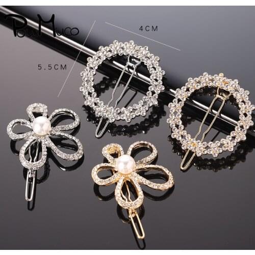 Powmuco Fashion Sweet Pearl Flower Hair Clips Shining Rhinestone Bangs Hairpin Geometric Barrettes Bride Headwear Accessories