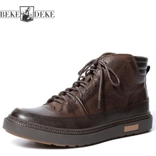 New 2021 Autumn Casual Mens Shoes Genuine Leather Cowhide Ankle Boots Vintage Round Toe Lace-Up Platform Motorcycle Short Boots