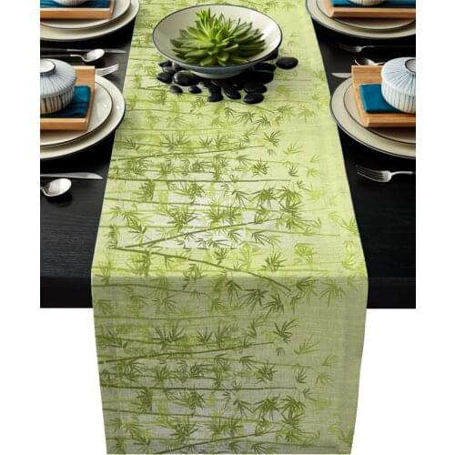 Table Runner Tablecloth Green Bamboo Leaves Kitchen Table Runners for Dinner Holiday Party Wedding Events Decor