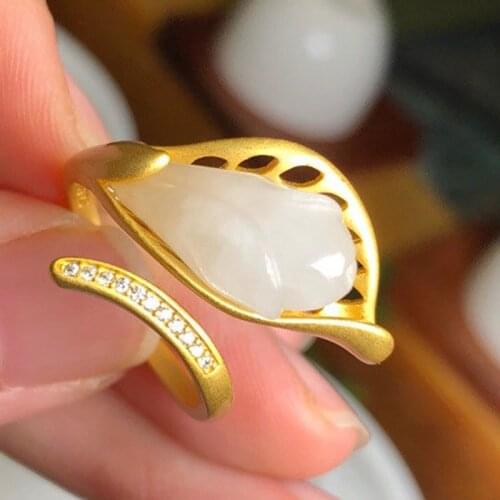 2020 new SNew silver natural Hetian Chalcedony orchid hollow pattern charm high sense opening adjustable women ring
