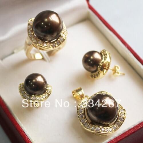 New Listed! Brown Sea Shell Pearl Ring Pendant Earring Jewelry Set