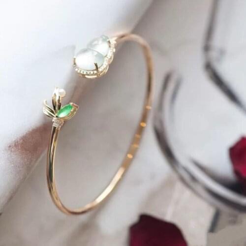 Original new natural high ice transparent chalcedony diamond gourd leaf opening adjustable bracelet elegant charm silver jewelry