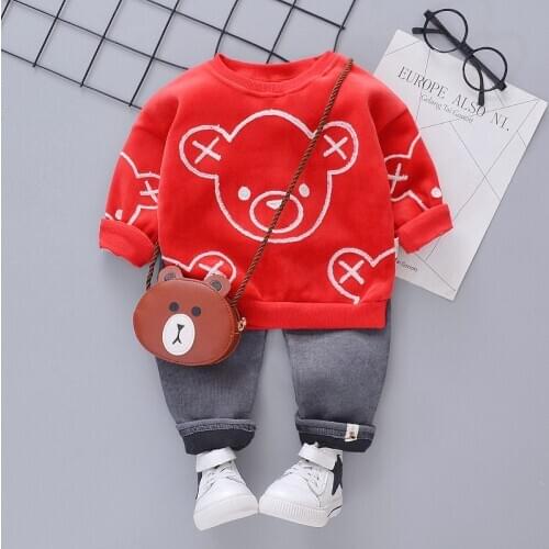 Autumn Clothing Toddler Girls Boys Thick Clothes Velvet Cartoon Bear Top Corduroy Pants Kids Cute Outfits Warm Dress