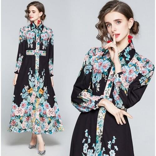 Europe American Australian Ladys Palace Style Vintage Black Floral Print Long Sleeve Shirt Collar Big Swing Dress Bandage Dress