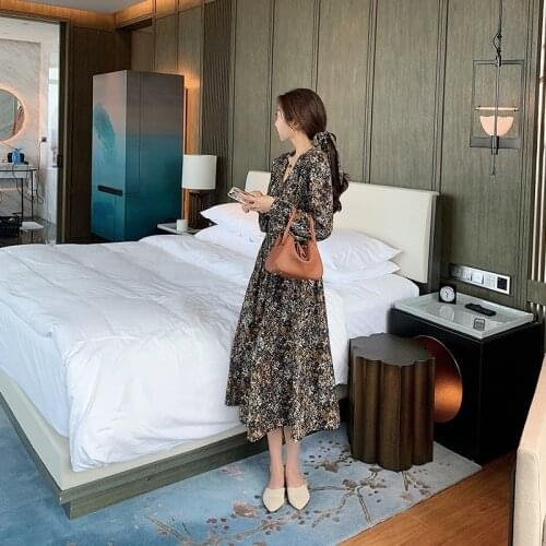 Korean Autumn Chiffon Long Dress Women 2020 Marble Floral Printed Dress Vintage Chic Retro Long Sleeve V Neck Slim Fit Vestidos