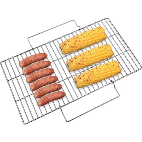 Stainless Steel Camping Wire Mesh Plating Non-stick Roast Meat Tool Vegetable Shelf Roast Net Handle Mesh Chicken Meat Cook Tool