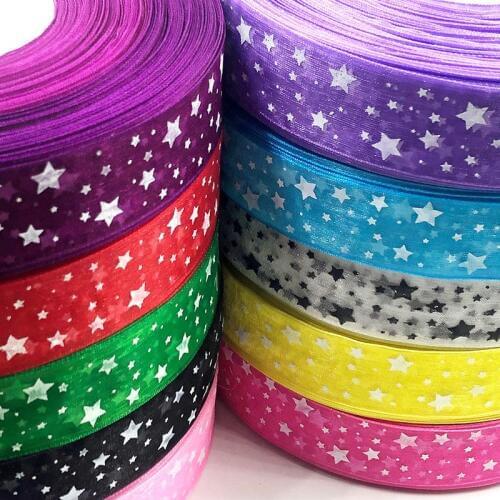 Christmas 1" width red color dot star flower printed organza ribbon for packing and bow