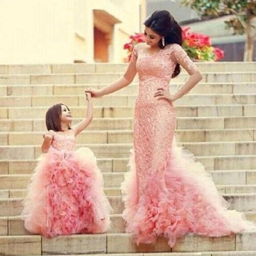 Pink Flower Girl Dresses For Weddings Ball Gown Tulle Lace Ruffles Baby Long First Communion Dresses For Little Girls