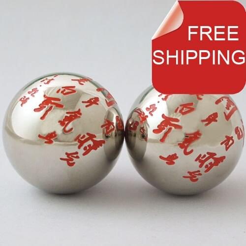 Hand-carved baoding balls w/Emperor Qian Long(1711-1799)s handwriting,52mm chrome chime.Riverside scene woodbox.Free shipping