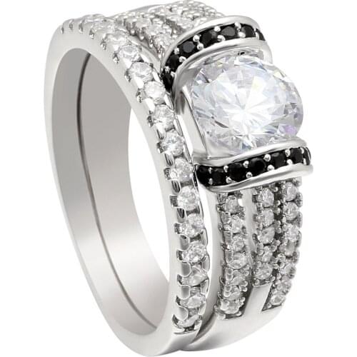 Silver color bridal sets white black cz stone jewellery women love promise rings set 2pc wedding engagement ring gift for lady