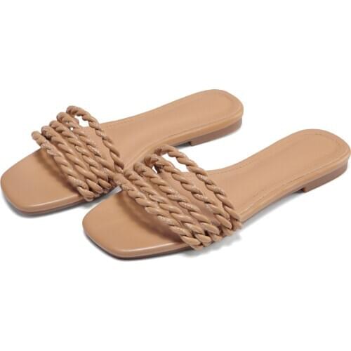 2021 Summer Beach Flat Shoes Fashion Weave Women Slippers Open Toe Casual Shoes Woman Slides Outdoor Flip Flops