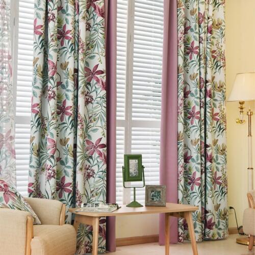 Nordic Style Floral Printed Curtains for Bedroom Kitchen Purple Cloth Patchwork Fresh Window Finish Fabric Tulle Home Decoration