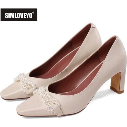 SIMLOVEYO 2021 Genuine Leather Concise Pumps Square Toe Slip On Beading 7cm Chunky Cover Heel Shoes Big Size 33-40 Beige A4287