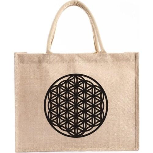 Sacred Geometry Flower Of Life Burlap Tote Bags Organic Symbol Flower of Life Tote Bag Personalized Tote Bag Jute Shopping Bag