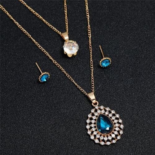 Vintage Female Blue Crystal Wedding Jewelry Set Cute Gold Color Stud Earrings For Women Dainty Geometry Zircon Chain Necklace
