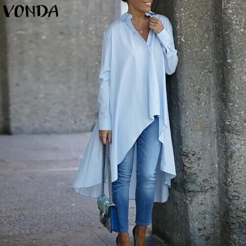 VONDA Asymmetric Blouse Women Party Shirts Casual Irregular Hem Blouse 2021 Autumn Long Sleeve Bohemian Tops Plus Size Blusas