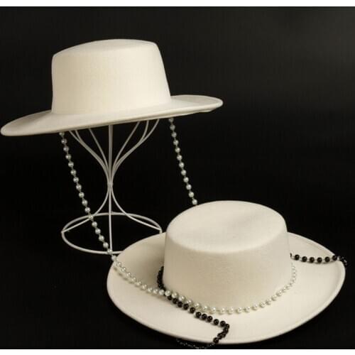 New Fashion White Wool Hats with Elegant Long Black Pearls Chain Flat Top Winter Hat Wide Brim Boater Hat Street Casual Warm Hat