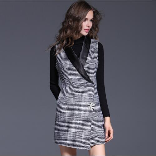 Vest Women Special Design 30% Wool Blended Patchwork Neck Brooch Decoration Asymmetric Hem Sleeveless Coat Vest Fashion 2018