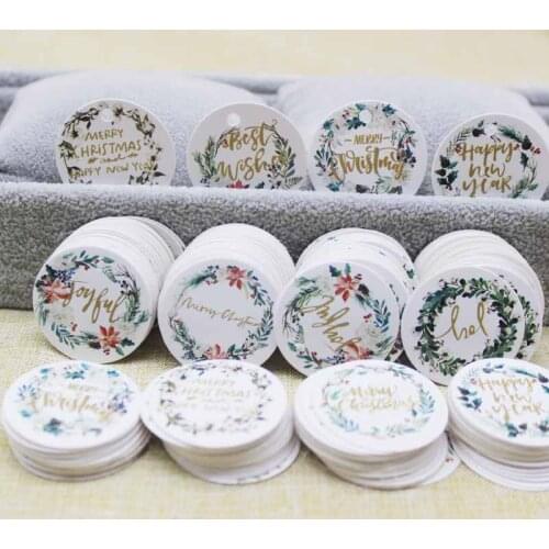 100Pcs Merry Christmas /Happy new year DIY White Tags Gift Wrapping Paper Hang Tags Santa Claus Paper Cards Xmas Party Supplies