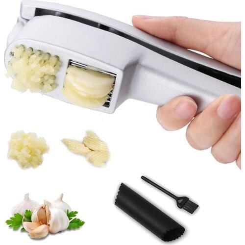 2 in 1 Garlic Press Crushing Machine And Garlic Slicer with Silicone Tube Roller Peeler Cleaner Brush