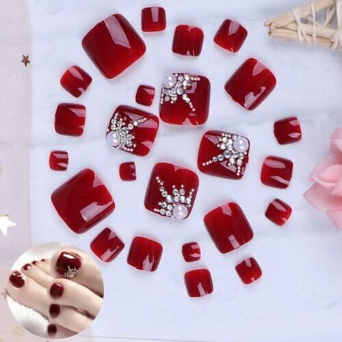 24pcs Fake Toe Nail Silver Red Rhinestone Foot Artificial Nails False Nail With Glue Summer Beauty Toenail