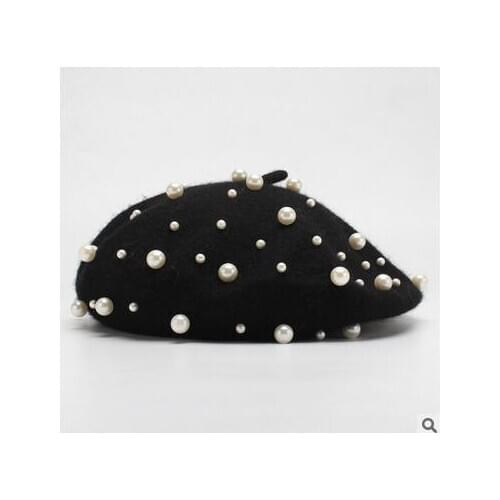 50pcs/lot fedex fast Wool berets Luxury pearl Vintage Cashmere Female Warm women casual pearl berets cap