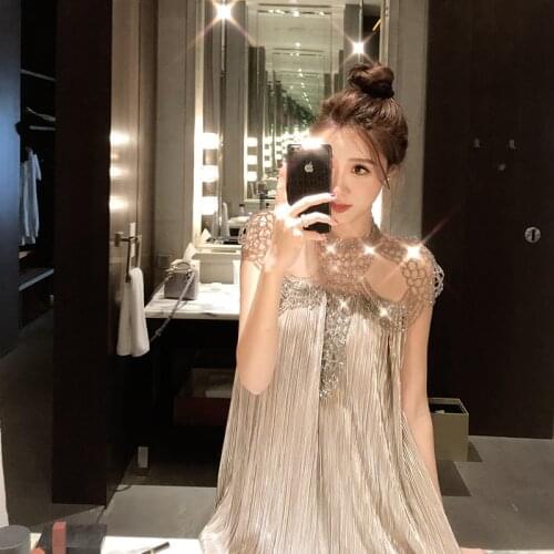 Cakucool High-end Party Dress Summer Hollow Out Diamonds Beading Vestido Gold Lurex shiny Pleated Sundress Elegant Sexy Dresses