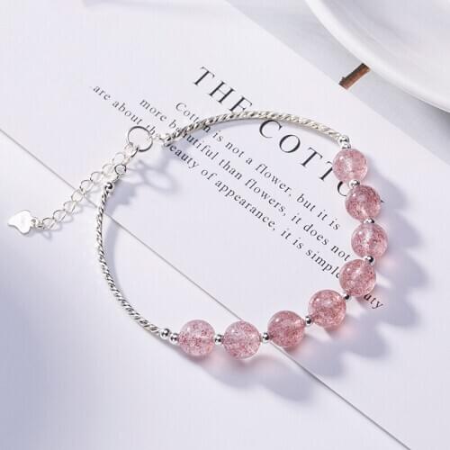 Exquisite 100% Real 925 Sterling Silver Shiny Chain Charming Bracelet String Stylish Strawberry Crystal Beads Refined Jewelry
