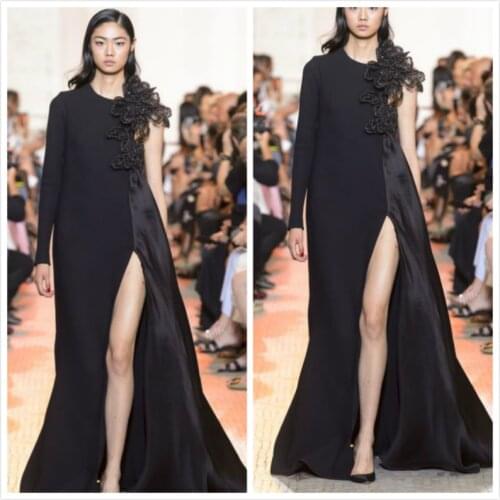 Black Prom Dresses 2020 One Shoulder High Split Long Sleeve Evening Dress Backless Red Carpet Runway Fashion Gowns