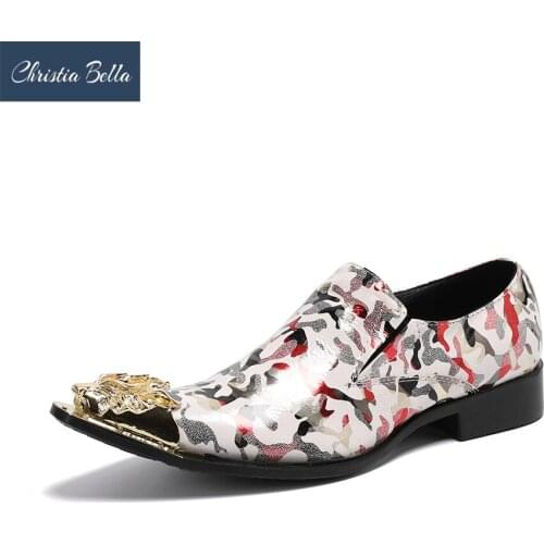 Christia Bella Fashion Print Business Men Dress Shoes Metal Pointed Toe Leather Shoes Plus Size Man Party Formal Shoes Footwear