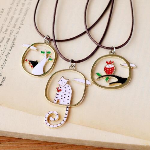 Children Boys Girls Gifts Cute Sweet Fable Cartoon Red Owl White Cat Black Wolf Tree Rope Chain Hollow Circle Pendant Necklace