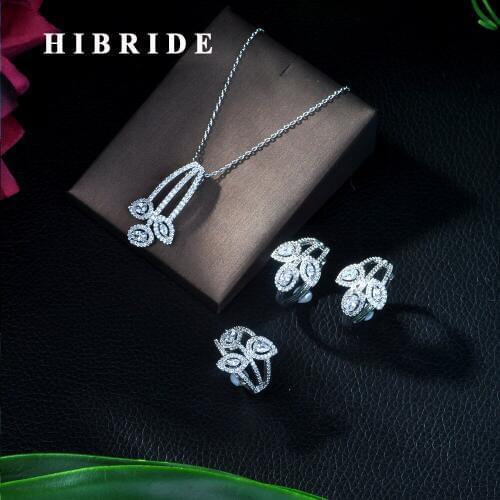 HIBRIDE New Arrival Trendy White Color Flower Shape Cubic Zircon Necklace/ Earrings/ Bracelet/ Ring Set For Women Wedding N-373