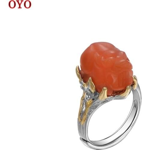 100% s925 silver Baoshan southern red agate ring female national tide retro style personality design live ring