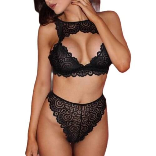 Women Bra and Brief Sets Halter Open Sexy Lace Lingerie Thong Set Ladies Babydoll Nightwear Plus Size Bra XXXL Black Red White